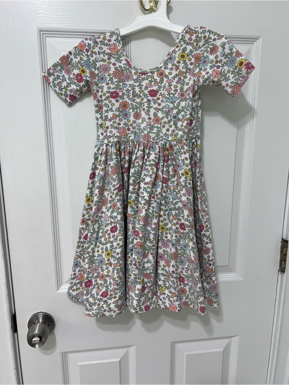 Alice + Ames Girls White Floral Casual Dress with Pink and Green Accents